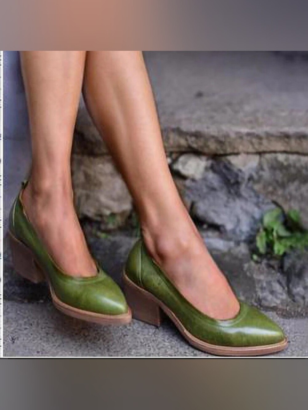 Women’s Size 41 Green Olive Block Heel Pumps Pointed Toe Slip On Shoes